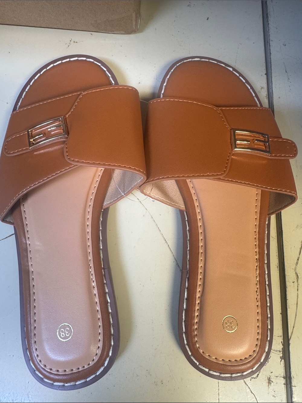 Women's Tan Slide Sandals with Metal Accent - Slip-On Comfort